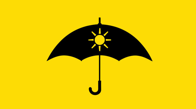 A black umbrella with a sun symbol set against a bright yellow background