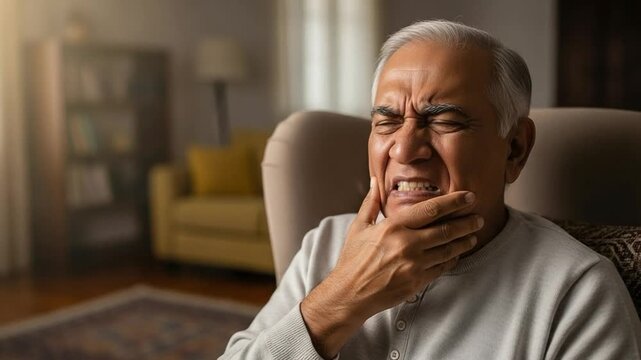 Senior Hispanic Man Suffering From Severe TMJ Jaw Pain and Dental Distress at Home