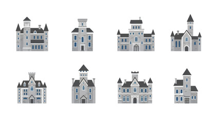 Naklejka premium Flat design icons of historic buildings, showcasing elegant classic architecture