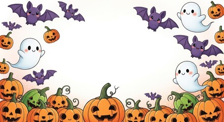 Fototapeta premium Halloween Pumpkins with Ghosts and Bats.