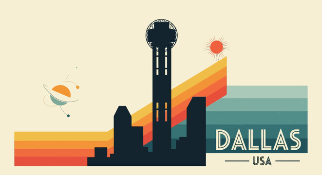 Modern stylized illustration of downtown Dallas skyline with prominent observation tower and vibrant sunset background