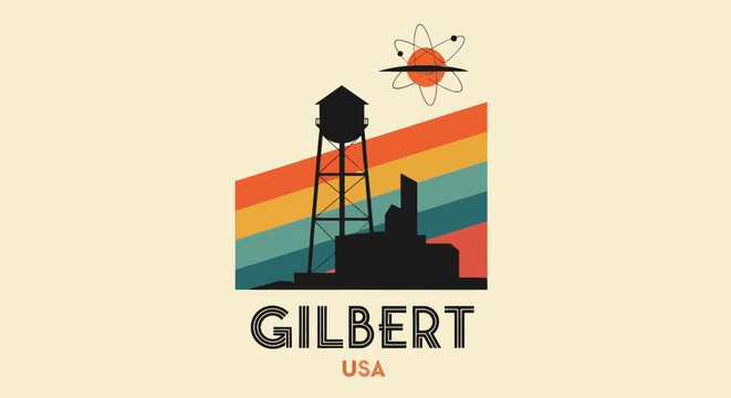 Retro-inspired silhouette of water tower and atom with rainbow background representing industrial and scientific themes in a