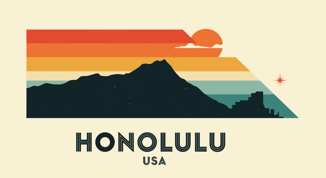 Vintage-Inspired Sunset Over Mount Honolua in Honolulu with Retro Color Scheme