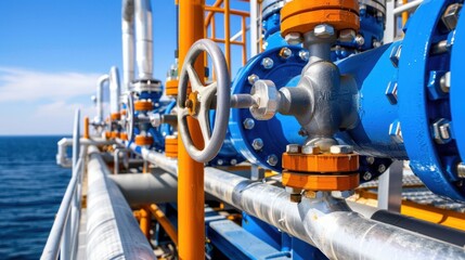 Fototapeta premium Industrial Valve and Pipeline on a Oil Platform with Ocean Background, Close-up View of Machinery and Blue Sky