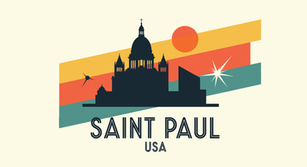Fototapeta premium Stylized artistic representation of Saint Paul cityscape in vibrant retro colors capturing iconic architecture and atmospheric