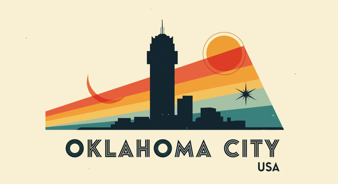 Stylized vintage-inspired graphic design of Oklahoma City skyline in sunset hues emphasizing aviation and urban landscape with