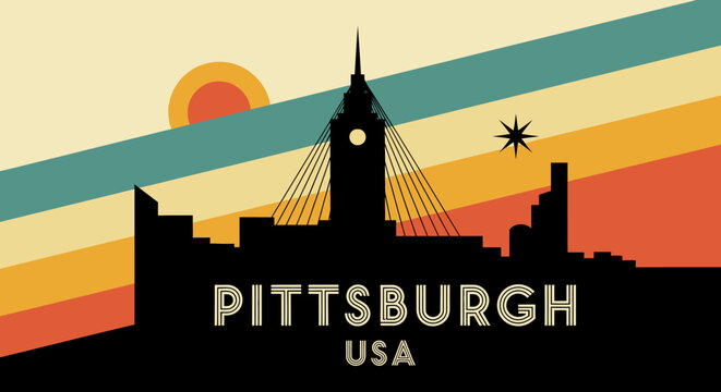 Stylized silhouette of Pittsburgh skyline featuring iconic structures and vibrant retro background colors with a vintage sunrise