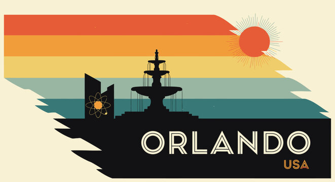 Vintage Orlando USA cityscape silhouette with sunset and colorful striations for nostalgic travel poster design