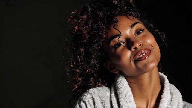 Young African American woman smiles warmly in a soft white robe with a dark background, capturing a moment of joy and comfort