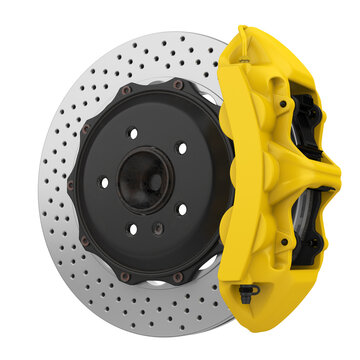 Car Brake Disc and Yellow Caliper Isolated