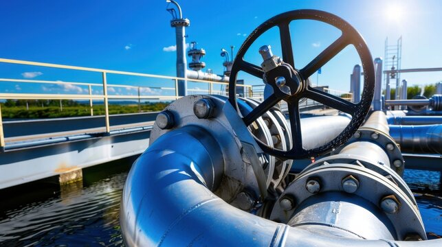 Industrial pipeline system with valve against clear blue sky at a water treatment facility