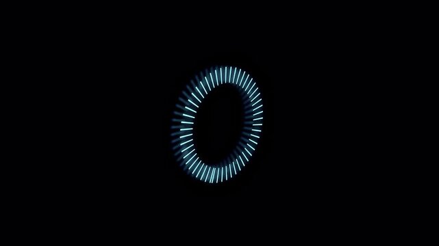Radial progress loader with glowing cyan dashed lines spinning in a circle on a dark background for technical interface design elements.