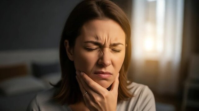 Young Caucasian woman suffering from TMJ jaw pain and bruxism at home