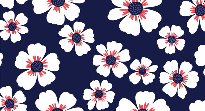 Seamless navy blue floral pattern with white and red abstract flowers for fabric and wallpaper design