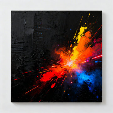 Abstract Black Textured Canvas with Vibrant Neon Paint Splash and Cosmic Light