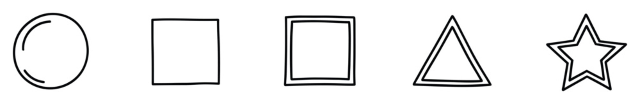 Set of diverse hand drawn outline geometric shapes including a circle a rectangle a doublelined rectangle a doublelined triangle and a doublelined star for various graphic projects and