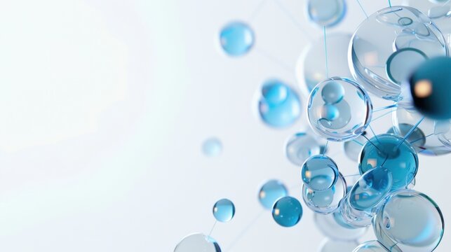 Abstract Blue and Clear Glass Marbles with Soft Lighting in a Creative Composition on a Light Background