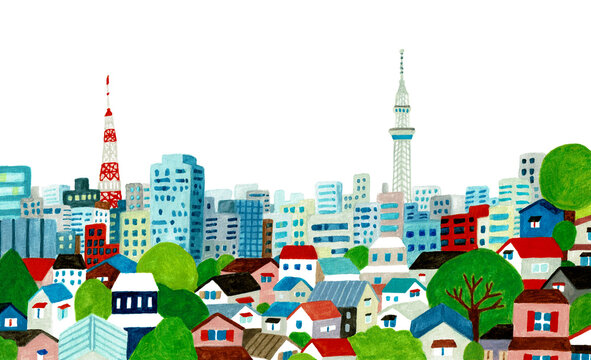 水彩で描かれた東京の街並みと豊かな緑のイラスト