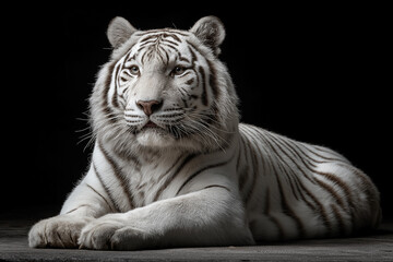 Obraz premium Majestic White Tiger With Dark Stripes Laying Down Peacefully On A Dark Surface