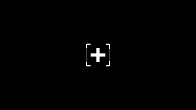 White plus sign icon with corner brackets on black background cross