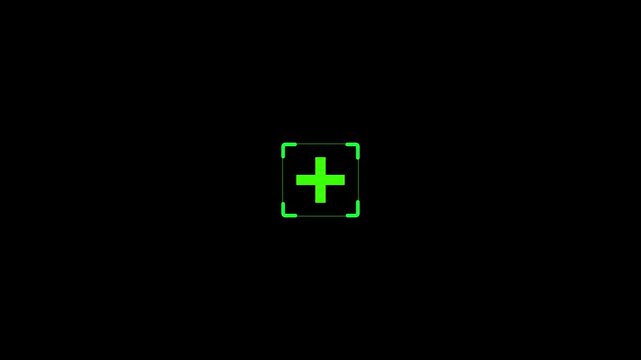 Green plus sign icon with corner brackets on black background cross