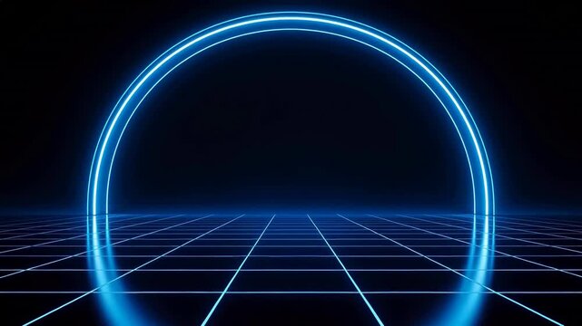 Blue neon arch over grid floor
