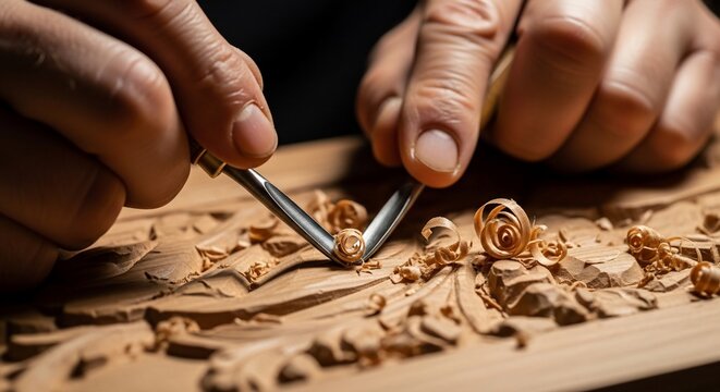 Close-up of skilled hands carving intricate wood details with precision tools.