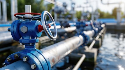 Fototapeta premium Industrial Pipe System with Blue Valve in Waterway at Chemical Plant, Focus on Valve and Pipe Infrastructure