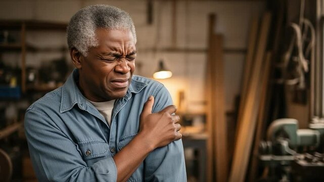 Senior African American craftsman grimacing with shoulder pain in woodworking shop