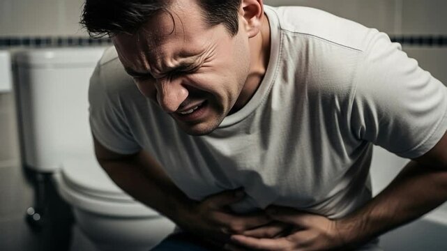 Young adult male clutching stomach in pain during IBS flare up in home bathroom