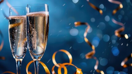 Obraz premium Celebration with Sparkling Champagne Glasses and Colorful Streamers on a Festive Background