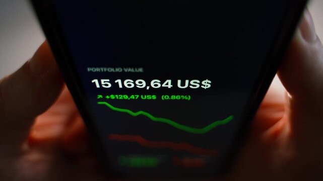 Smartphone screen displaying portfolio asset value fluctuations close-up