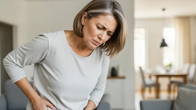 Mature woman grimacing with sharp perimenopause abdominal pain or digestive issues at home