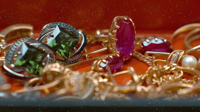 Beautiful shiny, sparkling golden jewelry with glare in gems in a beautiful colorful lacquered box. View through sparkling particles. Macro. Closeup. Shallow depth of field
