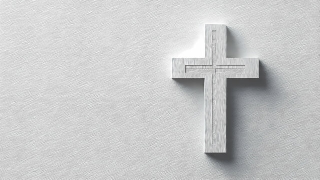 Simple white christian cross on textured white background suitable for religious websites, easter greeting cards, church posters, and christian publications.