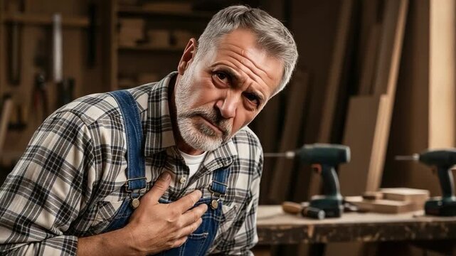 Senior male carpenter clutching chest during a cardiac emergency in a woodworking shop