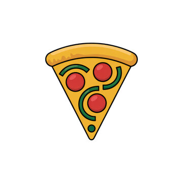 A cartoon slice of pizza with pepperoni and green toppings on a black background
