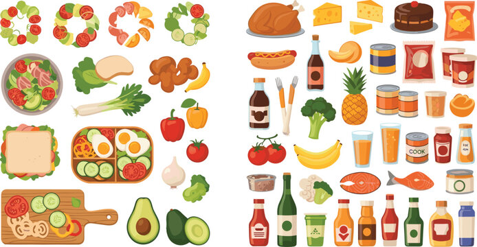 Flat vector illustration set of grocery items and pantry staples including canned goods, condiments, bottled drinks, snacks, and fresh produce.
