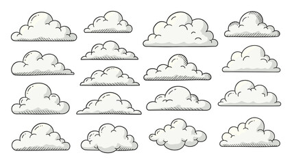 Fototapeta premium Collection of stylized fluffy clouds with bold outlines and subtle shading perfect for graphic projects, web graphics, childrens books, or casual game interface elements