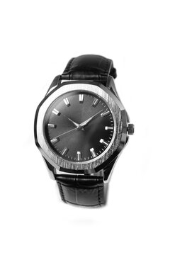 Elegant Black Leather Watch Isolated on White Background, Minimalist Luxury Timepiece