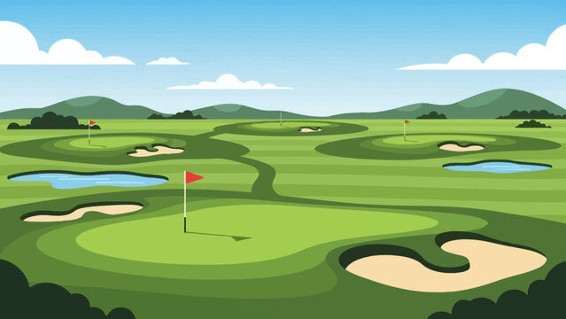 Vector Illustration of a Green Golf Course with Flags and Sand Traps