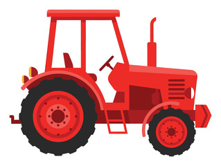 Obraz premium Bright red agricultural tractor with a drivers cab and powerful wheels, perfect for illustrating farming, rural transportation, and heavy machinery projects.