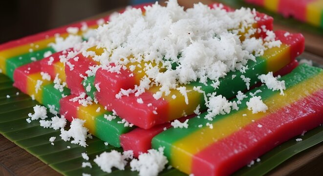 Close Up Gethuk Lindri Cassava Snack on Banana Leaf with Coconut Topping