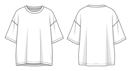 Naklejka premium Oversized white short sleeve tshirt technical sketch for fashion designers and apparel manufacturing, showing front and back views for product development and casual sportswear branding.