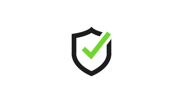 Shield with checkmark graphic animation on white background. security concept, Cybersecurity protection, network security validation, it infrastructure defense, data safety certification video