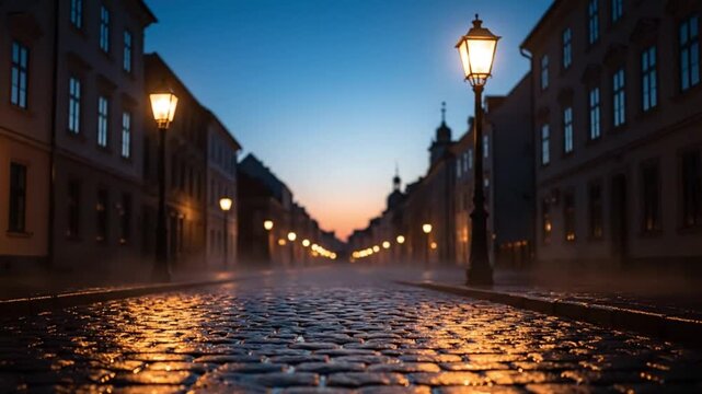 Cobblestone Street with Old Lamp Posts Mid Shot Historic Urban Scene