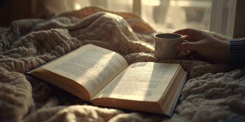 Fototapeta premium Close up of an open book on a chunky knit blanket with a person holding a coffee mug in the sun.
