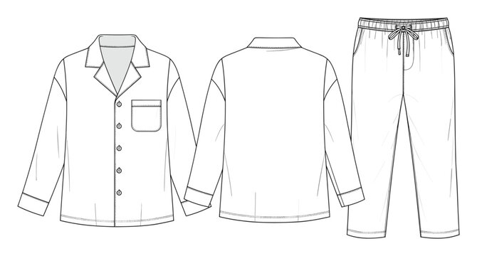 Technical fashion flat drawing of a comfortable mens or womens pajama set featuring a long sleeve top with a collar and matching pants, ideal for apparel design and production documentation