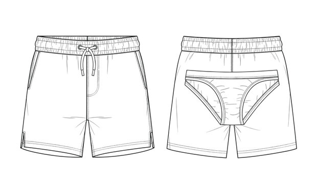 Technical flat drawing of mens swim shorts with elastic waistband and inner brief, front and back views for sportswear product development and fashion design documentation