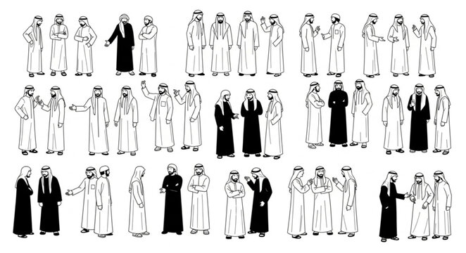 Group of Arab men in traditional attire, standing together.